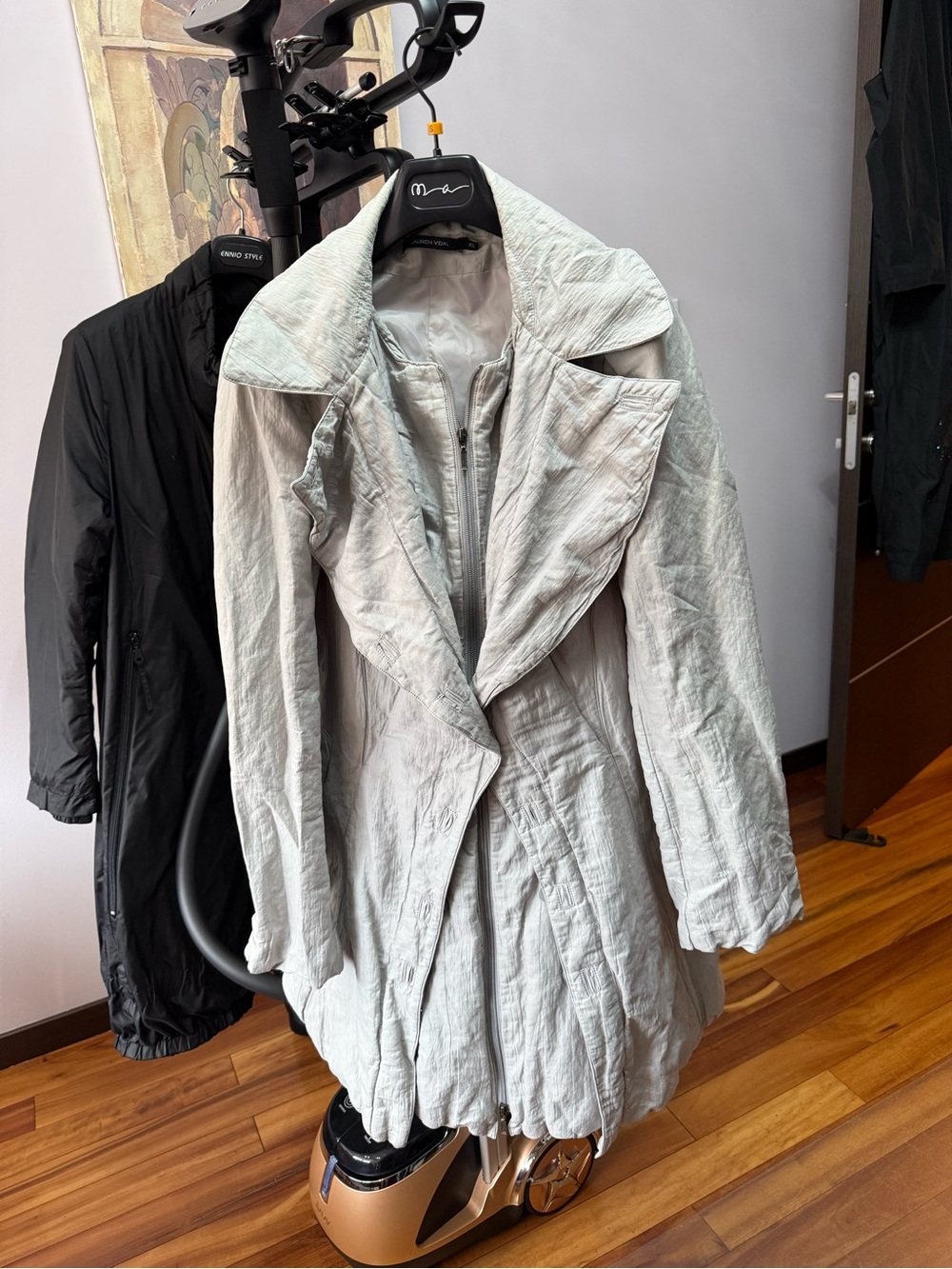 Lauren Vidal Light Gray Draped Collar Trench Coat